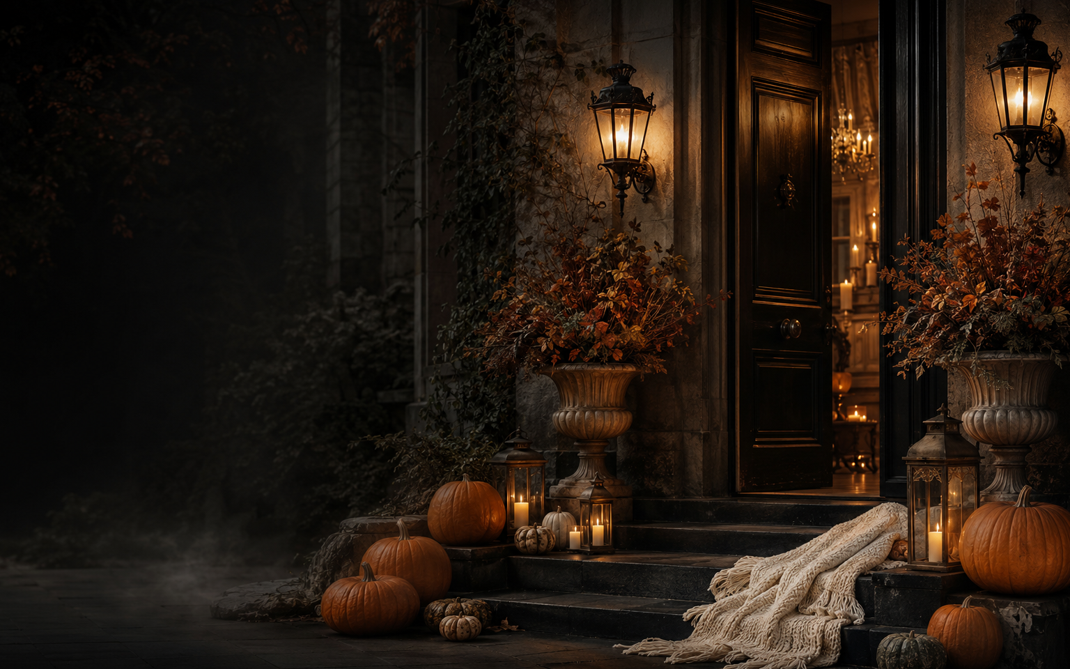 Halloween porch decorated with lanterns and pumpkins