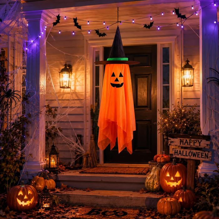 Halloween Decorations Ghost Hanging Ornaments: 39.4 Inch Foldable Cloth Witch Hat Ghost Decor With Lanyards - Reusable Hanging Halloween for Tree Porch Yard and Ceiling Wall Home