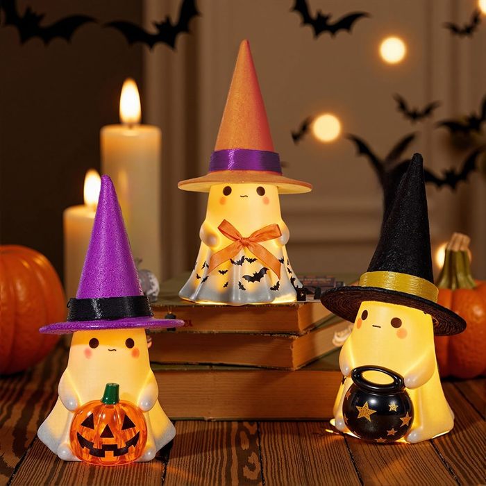Halloween Decorations Indoor, 3Pcs Cute Spooky Ceramic Ghost Halloween Decorations, Ghost Figurines with Hats - Adorable Tabletop Decor for Mantel, Party, Home, Porch Decor